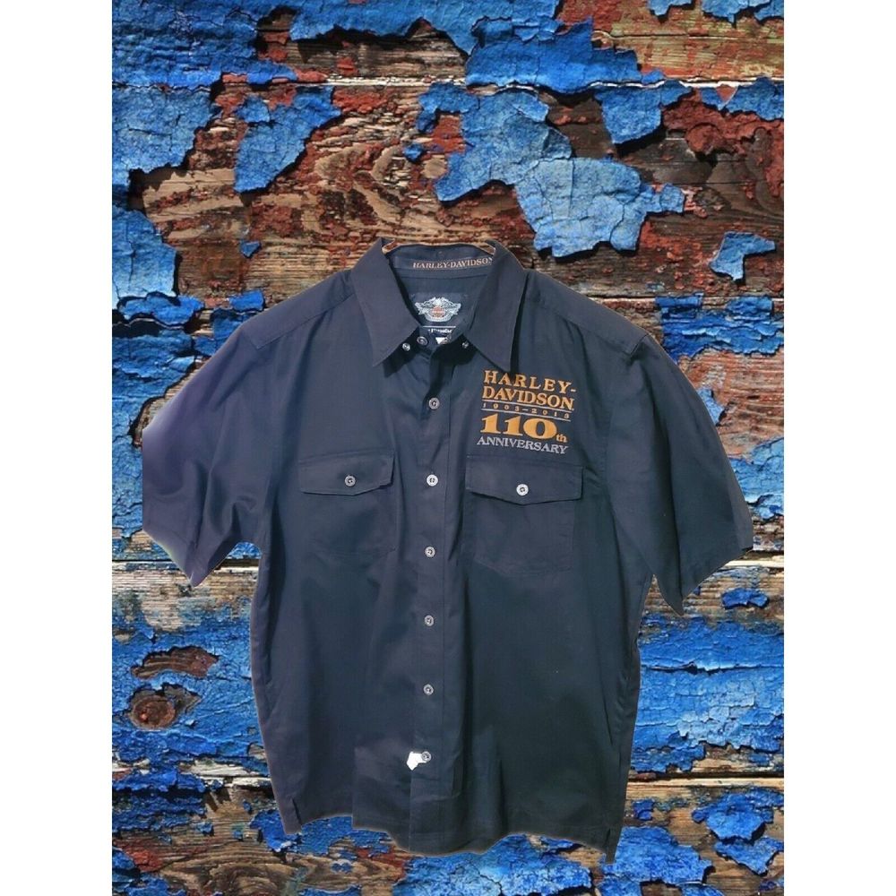 Harley Davidson Men's Large L 2013 110th Anniversary Black Mechanic Shirt S/S